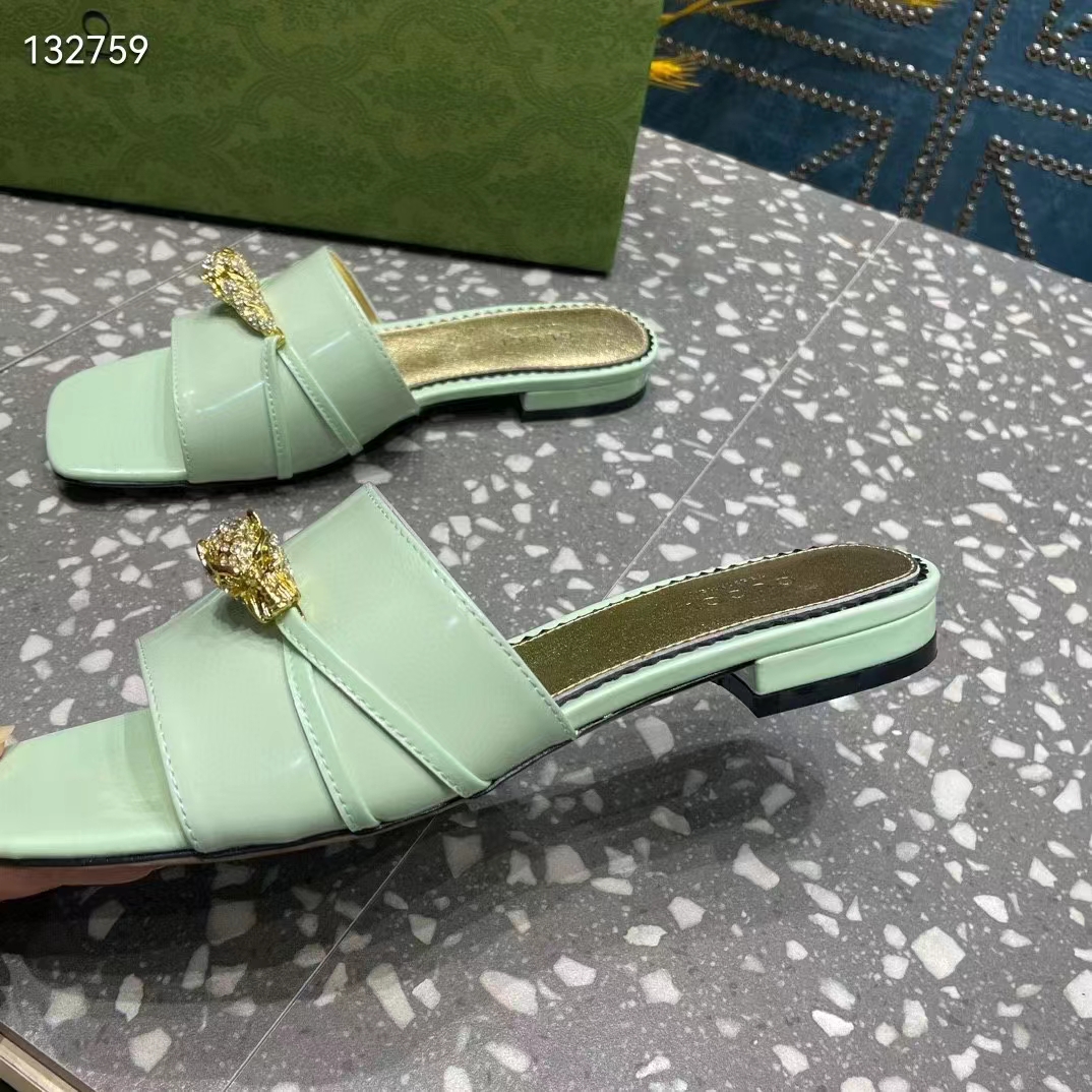 G*u*i women gg slide sandal tiger head light green leather flat