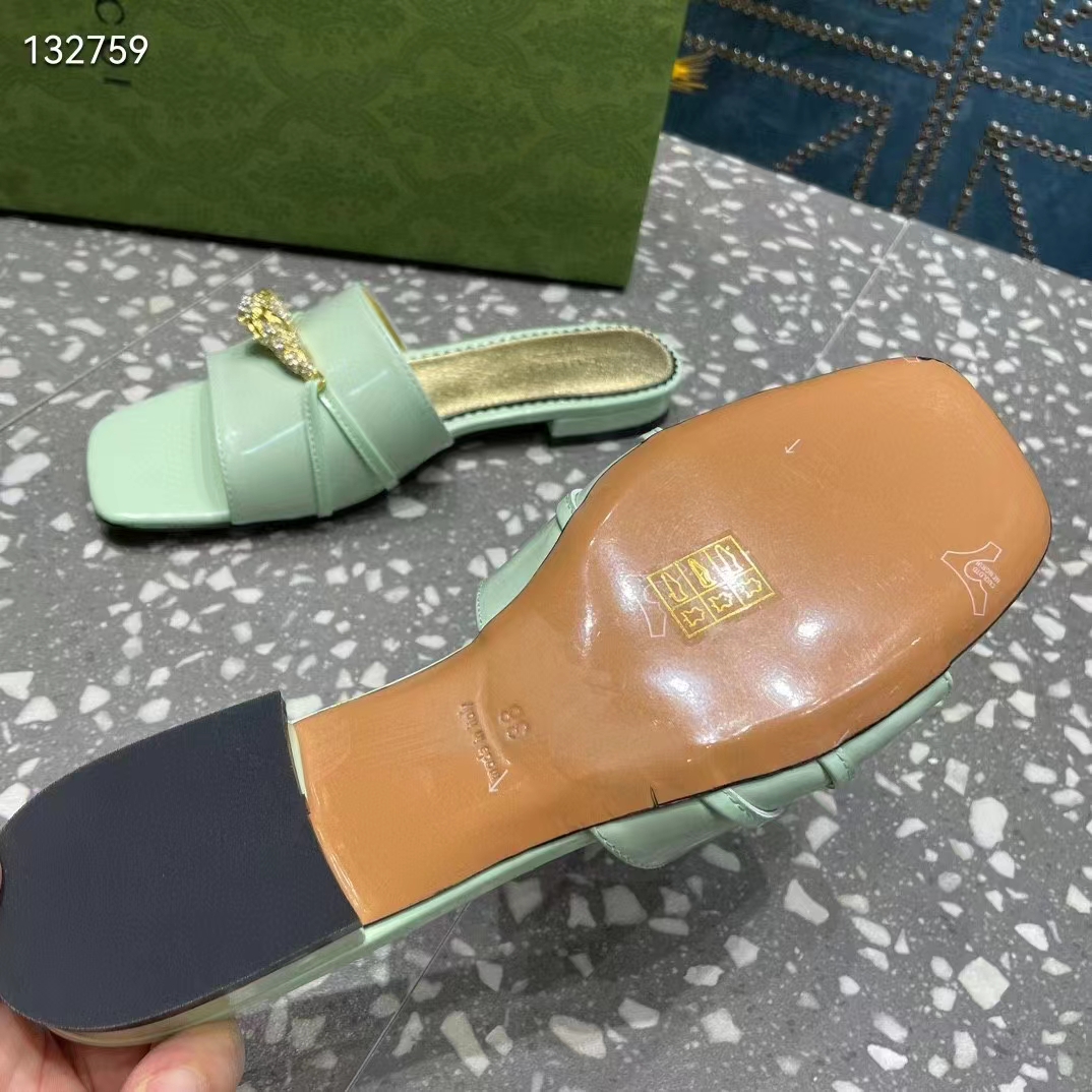 G*u*i women gg slide sandal tiger head light green leather flat