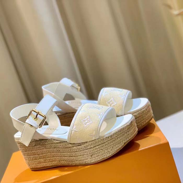 Louis Vuitton LV Women Starboard Wedge Sandal White Monogram-Embroidered Cotton