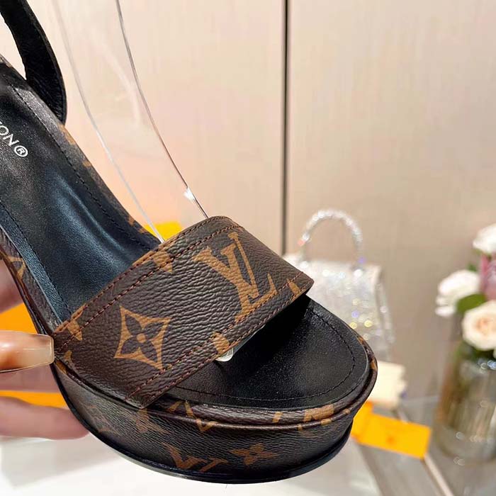 Louis Vuitton Women LV Fame Platform Sandal Brown Monogram Denim Leather 11.5 CM Heel