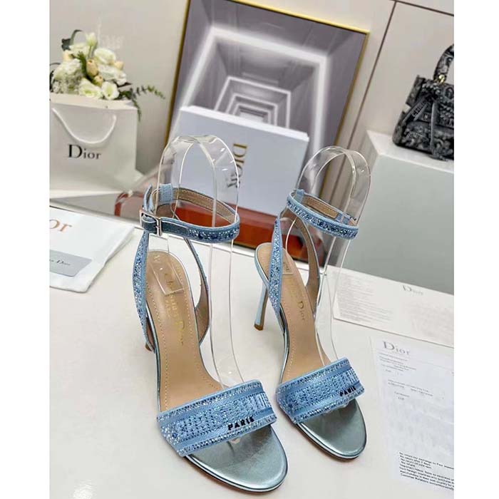 Dior Women CD Dway Heeled Sandal Blue Cotton Embroidered Metallic Thread Strass