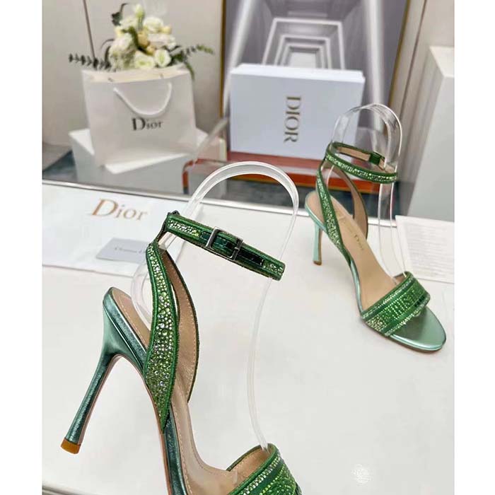 Dior Women CD Dway Heeled Sandal Green Cotton Embroidered Metallic Thread Strass