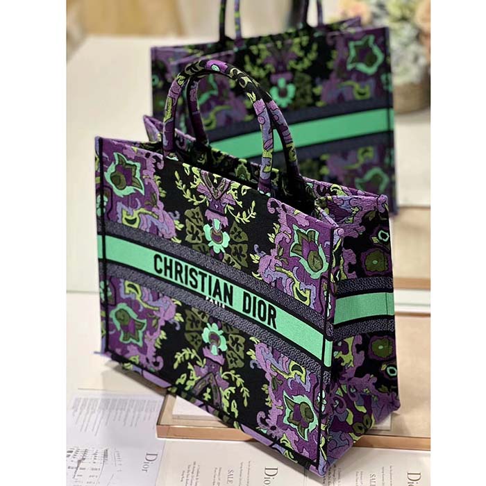 Dior Women CD Large Dior Book Tote Multicolor Dior Indian Purple Embroidery