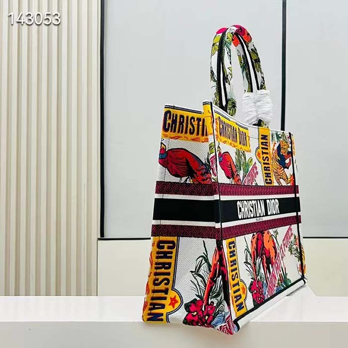 Dior Women CD Large Dior Book Tote White Multicolor Indian Animals Embroidery