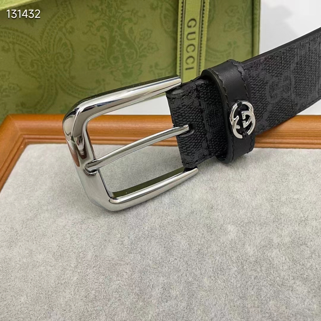 G*u*i gg unisex belt interlockig g black gg supreme canvas leather square buckle