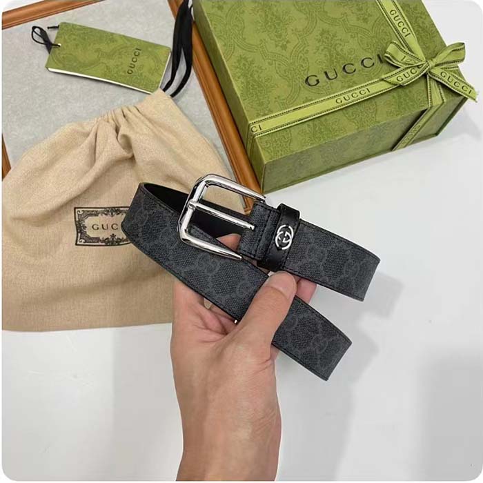 G*u*i gg unisex belt interlockig g black gg supreme canvas leather square buckle