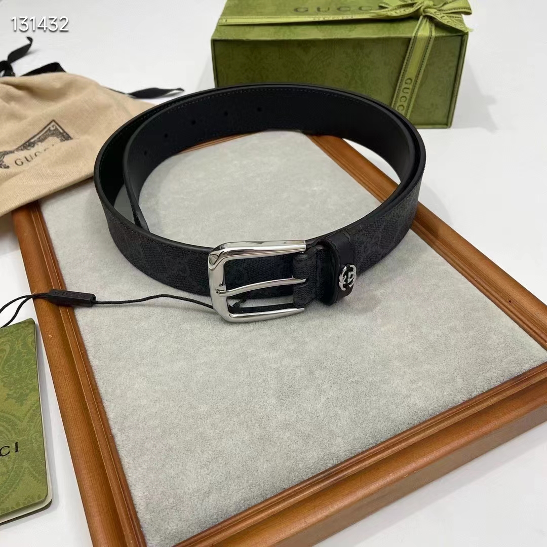 G*u*i gg unisex belt interlockig g black gg supreme canvas leather square buckle