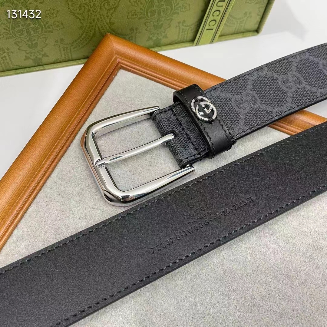 G*u*i gg unisex belt interlockig g black gg supreme canvas leather square buckle