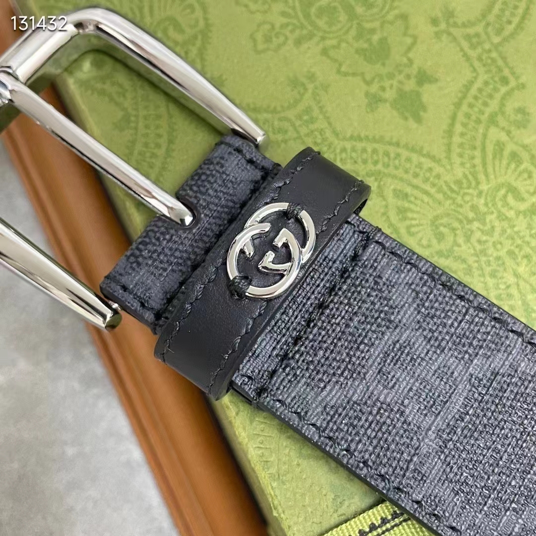 G*u*i gg unisex belt interlockig g black gg supreme canvas leather square buckle