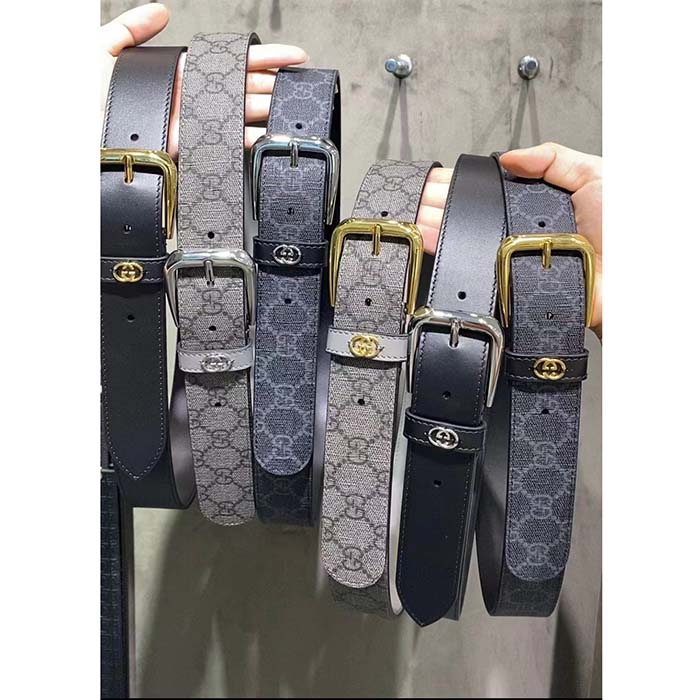 G*u*i gg unisex belt interlockig g grey black gg supreme canvas leather square buckle