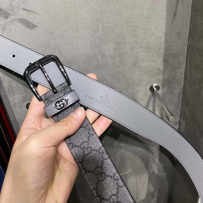 G*u*i gg unisex belt interlockig g grey black gg supreme canvas leather square buckle