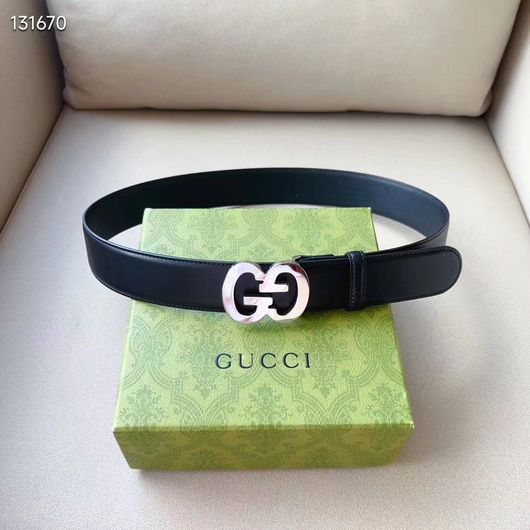 G*u*i gg unisex buckle wide belt black leather double g 4 cm width