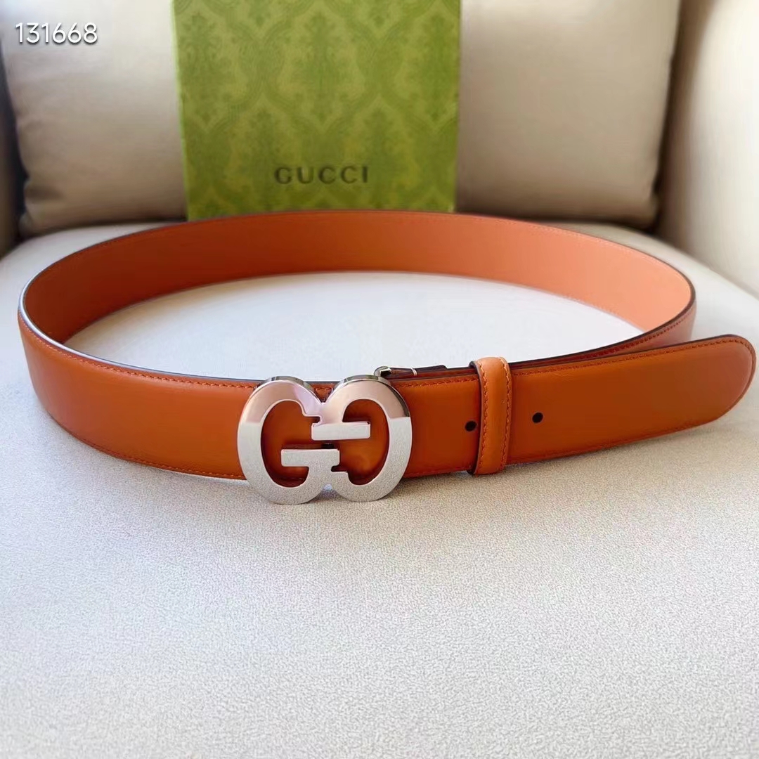 G*u*i gg unisex buckle wide belt brown leather double g 4 cm width