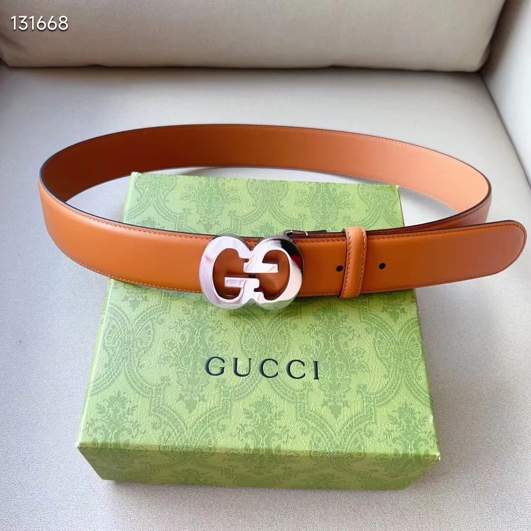 G*u*i gg unisex buckle wide belt brown leather double g 4 cm width