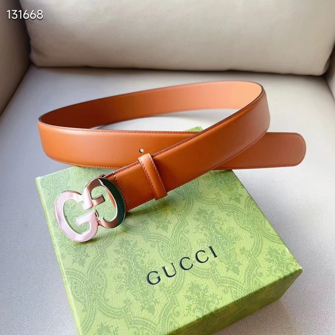 G*u*i gg unisex buckle wide belt brown leather double g 4 cm width