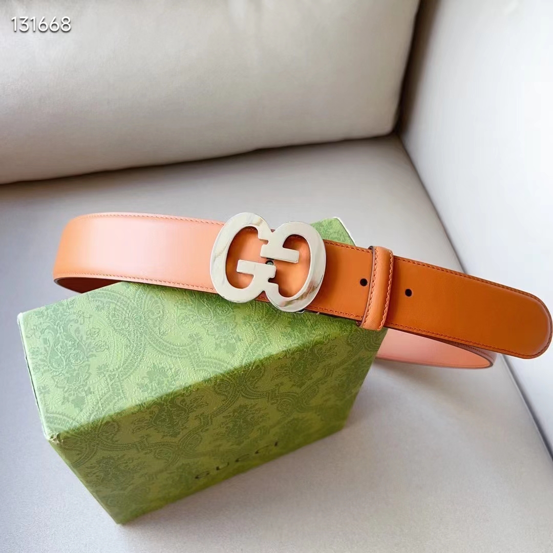 G*u*i gg unisex buckle wide belt brown leather double g 4 cm width