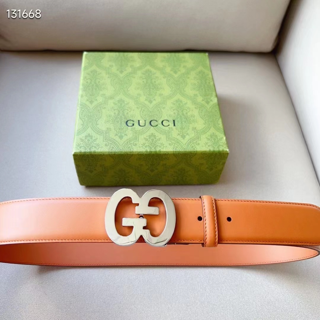 G*u*i gg unisex buckle wide belt brown leather double g 4 cm width