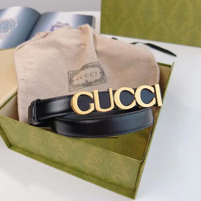 G*u*i unisex buckle thin belt black leather gold-toned hardware 1.5 cm width