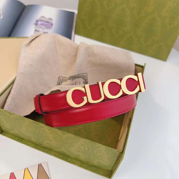 G*u*i unisex buckle thin belt red leather gold-toned hardware 1.5 cm width