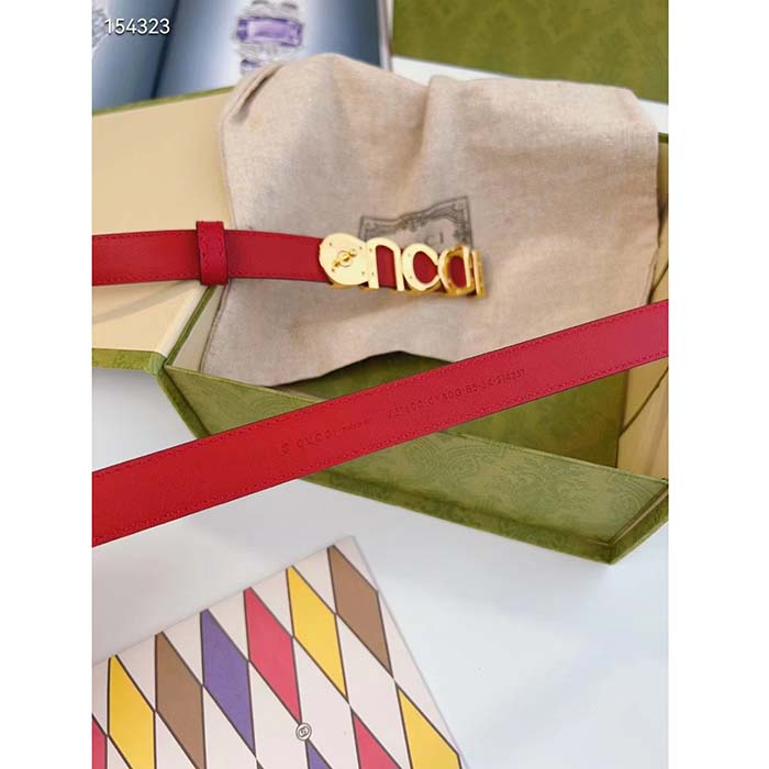 G*u*i unisex buckle thin belt red leather gold-toned hardware 1.5 cm width