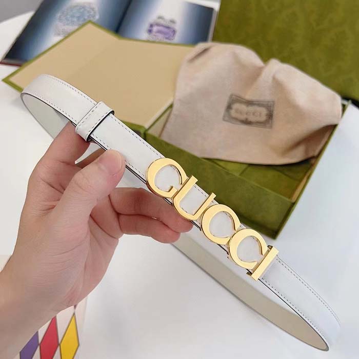 G*u*i unisex buckle thin belt white leather gold-toned hardware 2 cm width