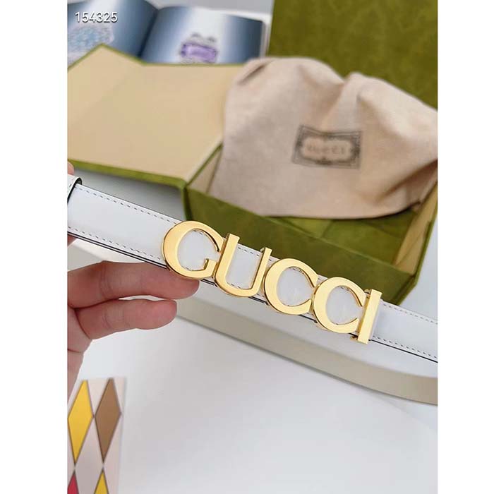 G*u*i unisex buckle thin belt white leather gold-toned hardware 2 cm width
