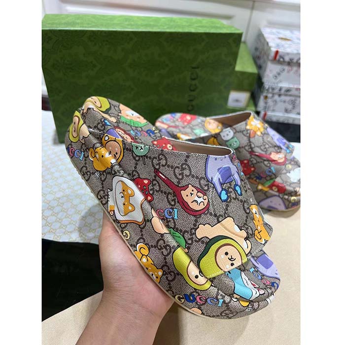 G*u*i unisex gg animal print rubber slide sandal beige embossed interlocking g low heel