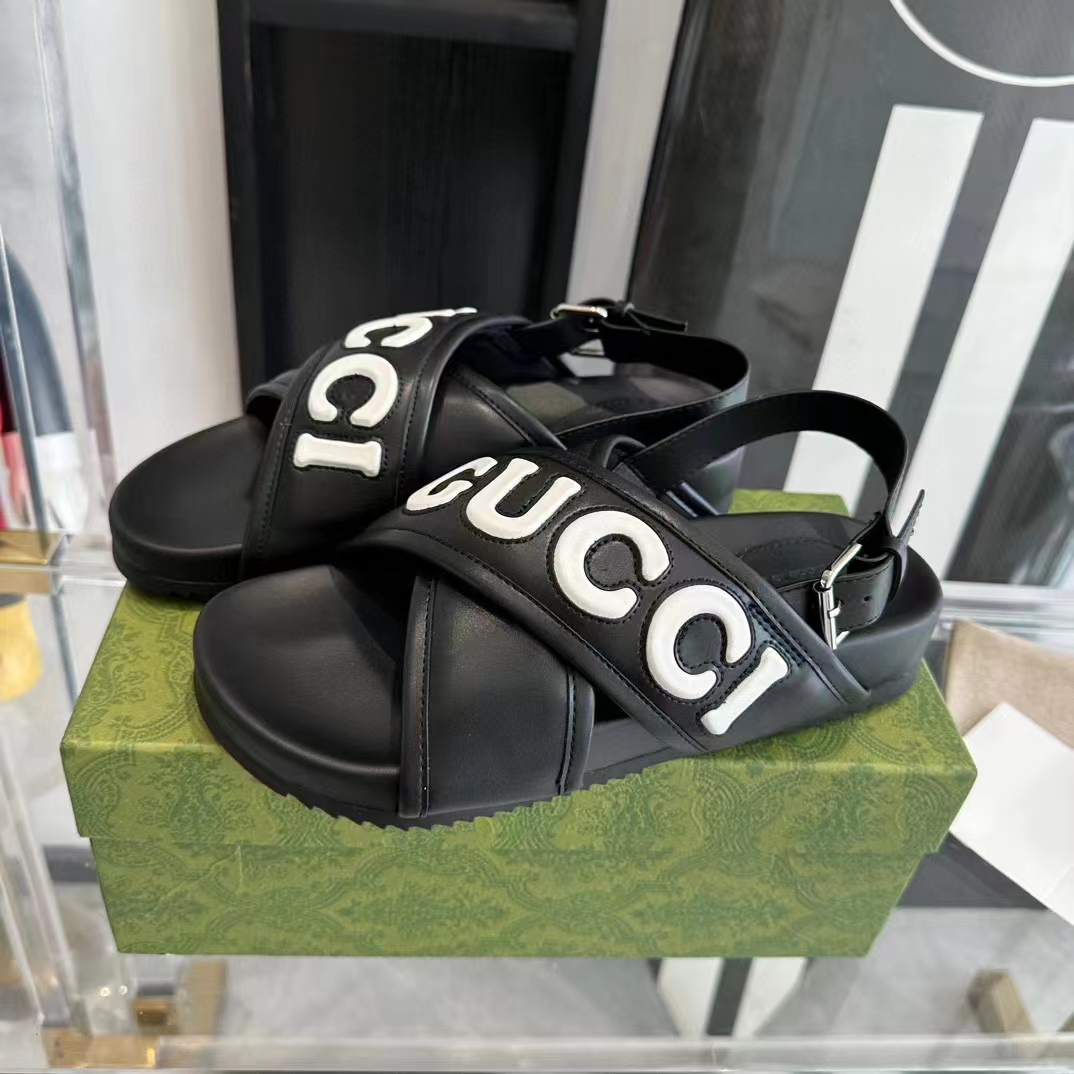 G*u*i unisex gg G*u*i sandal smooth black white leather script rubber buckle flat
