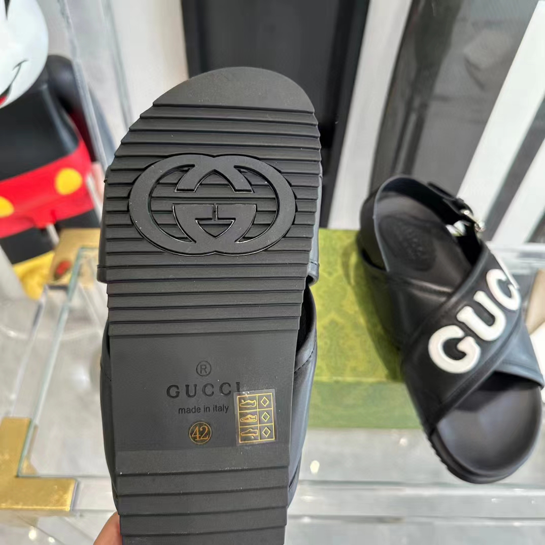 G*u*i unisex gg G*u*i sandal smooth black white leather script rubber buckle flat