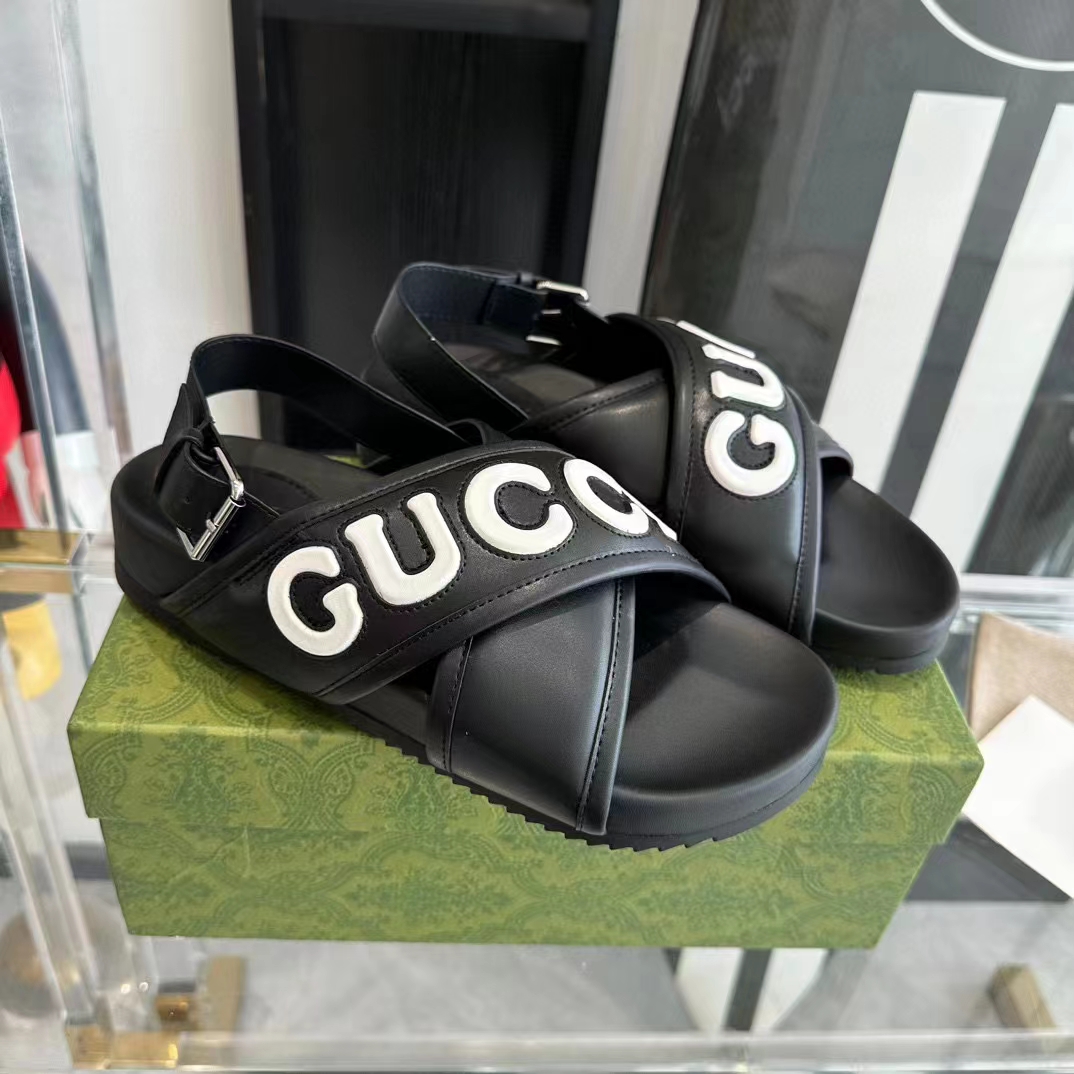 G*u*i unisex gg G*u*i sandal smooth black white leather script rubber buckle flat