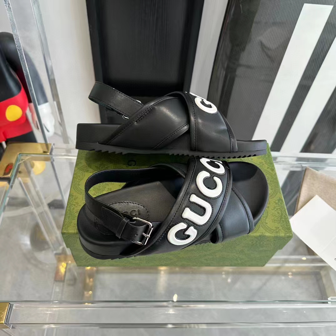 G*u*i unisex gg G*u*i sandal smooth black white leather script rubber buckle flat