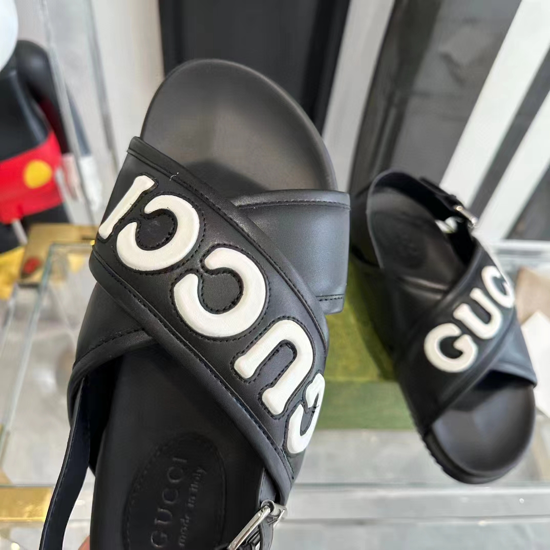 G*u*i unisex gg G*u*i sandal smooth black white leather script rubber buckle flat