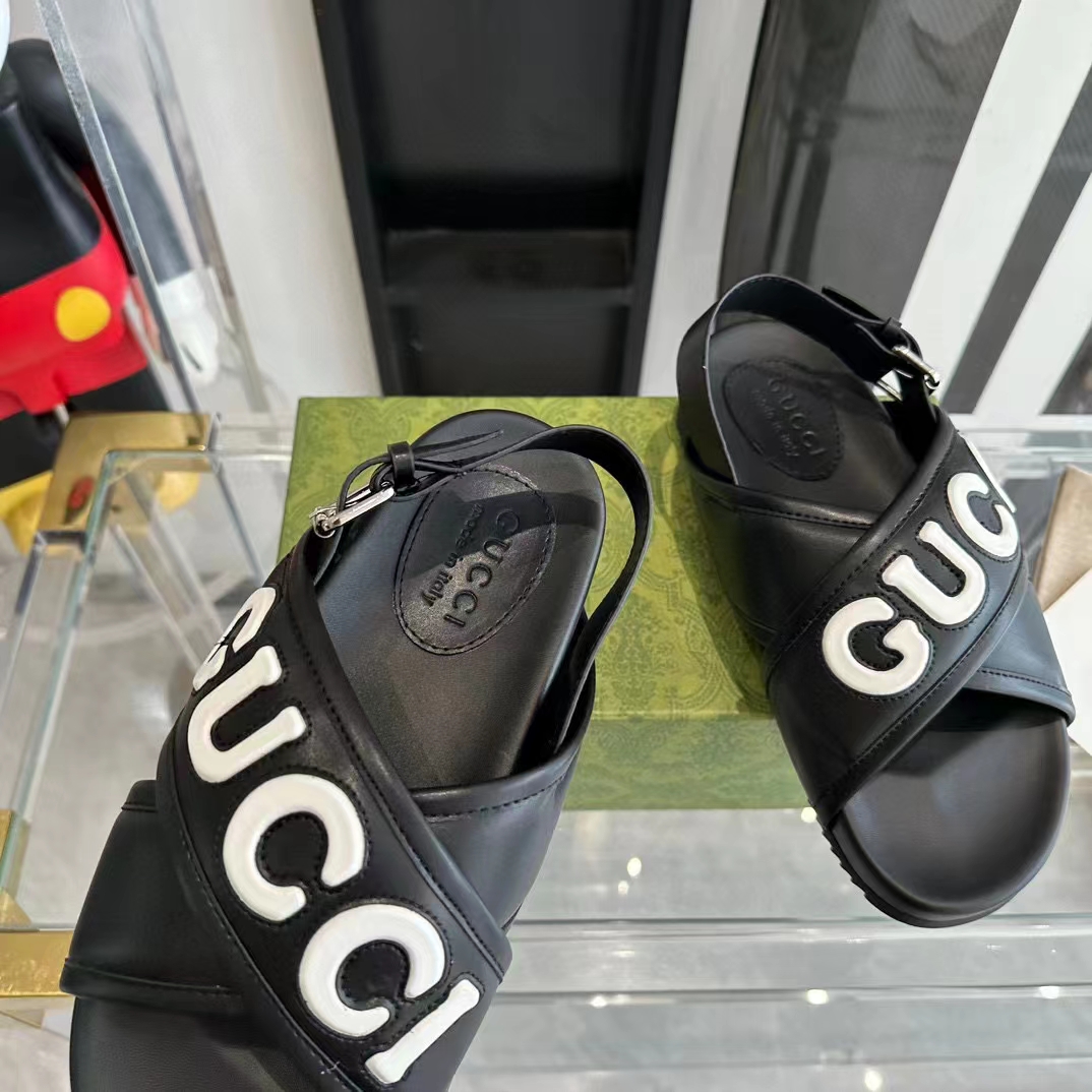 G*u*i unisex gg G*u*i sandal smooth black white leather script rubber buckle flat