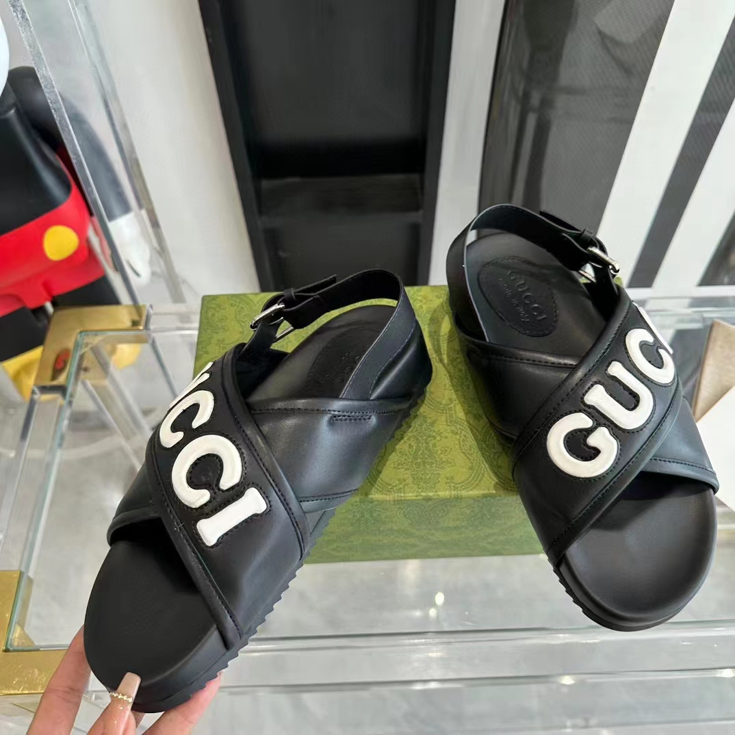 G*u*i unisex gg G*u*i sandal smooth black white leather script rubber buckle flat