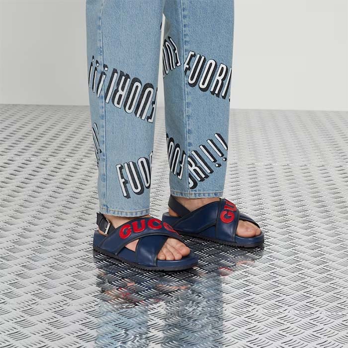 G*u*i unisex gg G*u*i sandal smooth blue red leather script rubber buckle flat