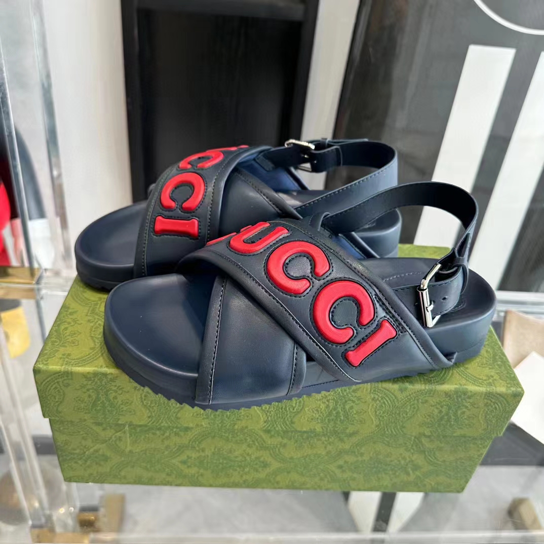G*u*i unisex gg G*u*i sandal smooth blue red leather script rubber buckle flat