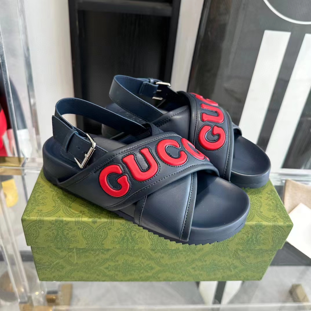 G*u*i unisex gg G*u*i sandal smooth blue red leather script rubber buckle flat