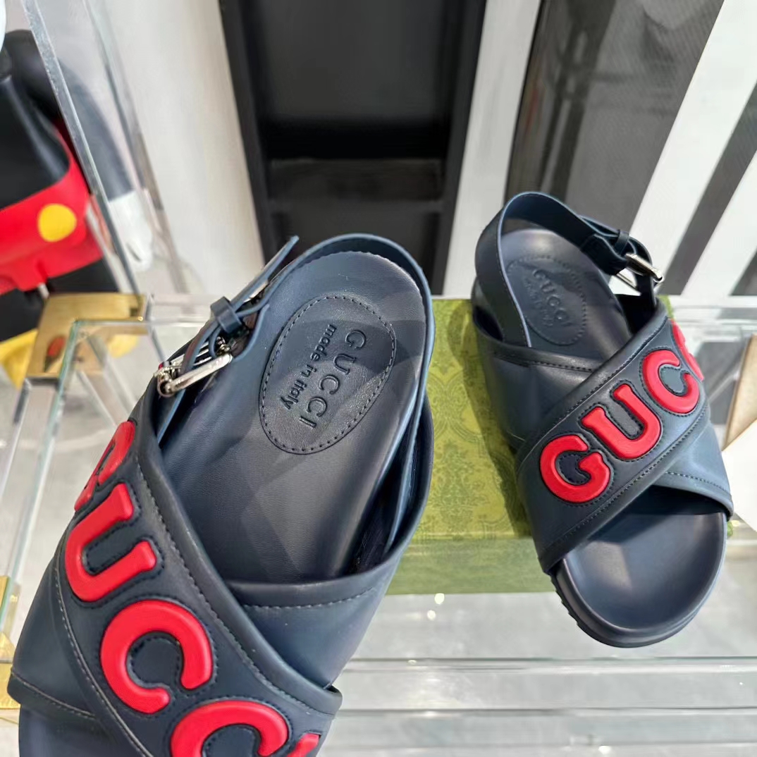G*u*i unisex gg G*u*i sandal smooth blue red leather script rubber buckle flat