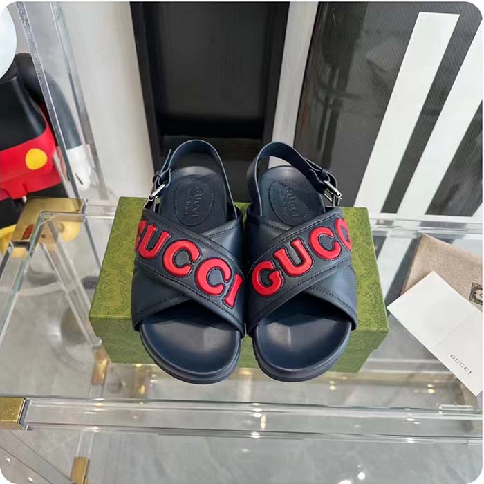 G*u*i unisex gg G*u*i sandal smooth blue red leather script rubber buckle flat