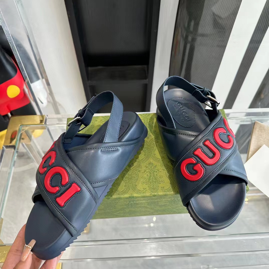 G*u*i unisex gg G*u*i sandal smooth blue red leather script rubber buckle flat