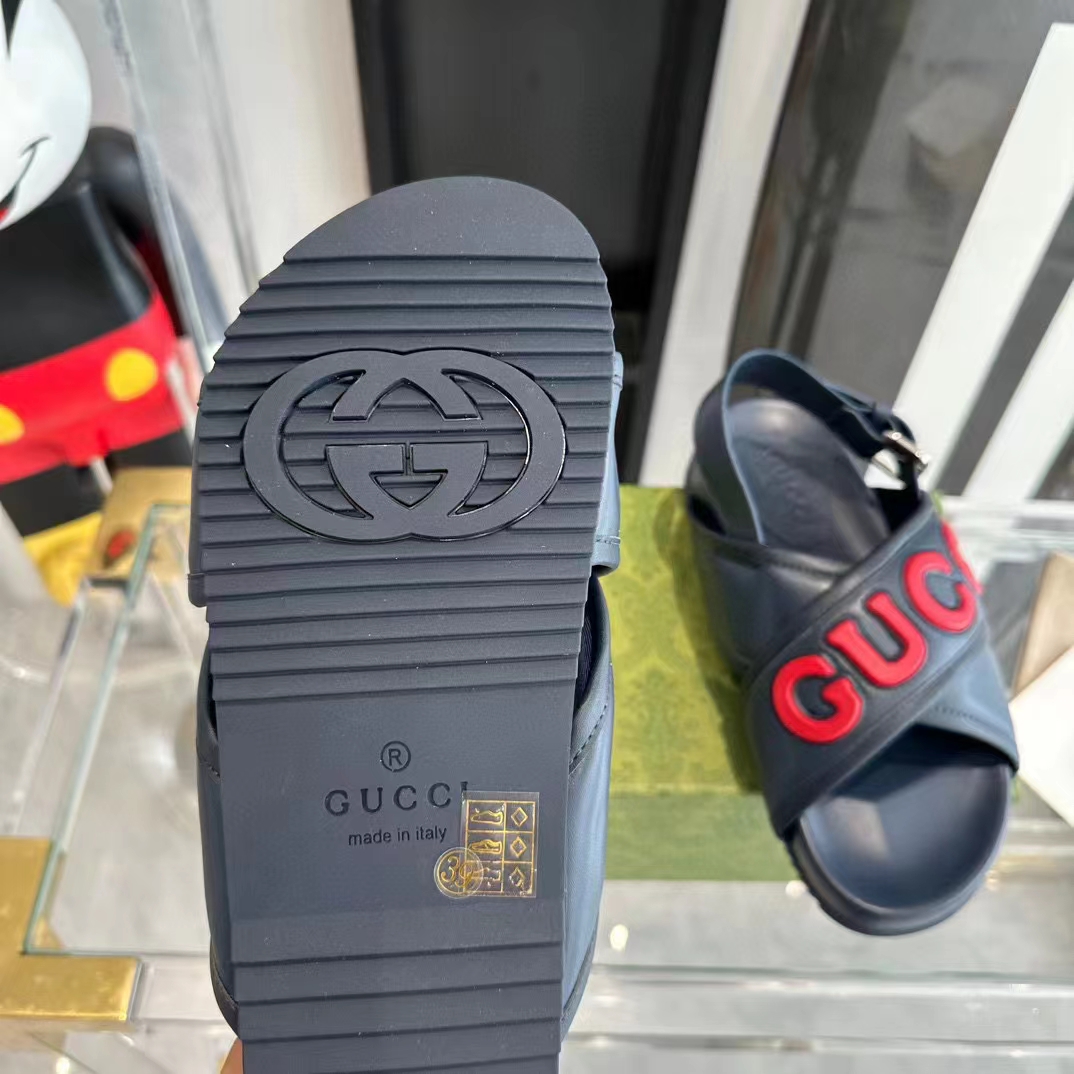 G*u*i unisex gg G*u*i sandal smooth blue red leather script rubber buckle flat