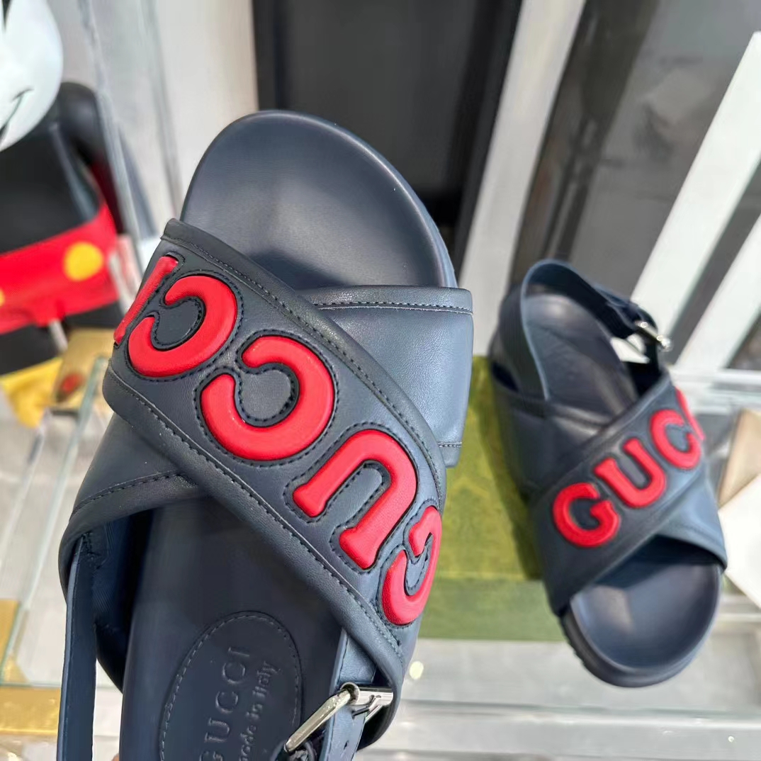 G*u*i unisex gg G*u*i sandal smooth blue red leather script rubber buckle flat