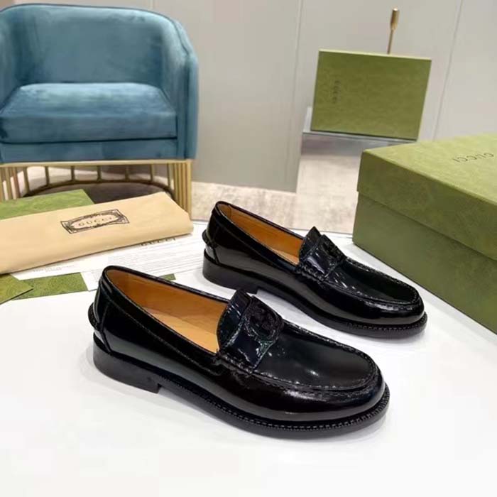 G*u*i unisex gg interlocking g loafer black leather sole flat 1.5 cm heel