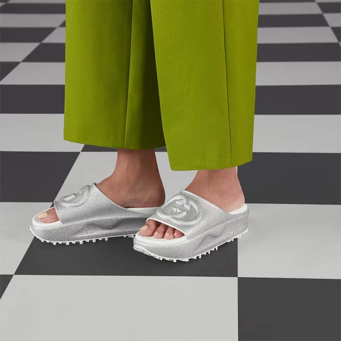 G*u*i unisex gg interlocking g slide sandal metallic silver rubber low 4.3 cm heel