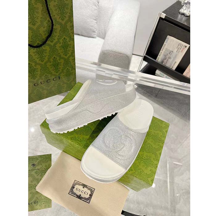 G*u*i unisex gg interlocking g slide sandal metallic silver rubber low 4.3 cm heel
