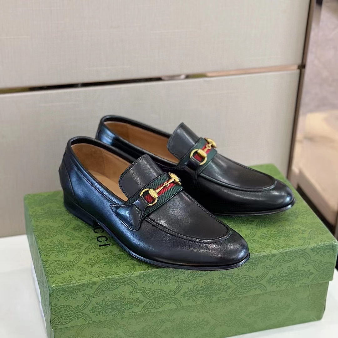 G*u*i unisex gg loafer horsebit soft black leather web sole flat 1.5 cm heel