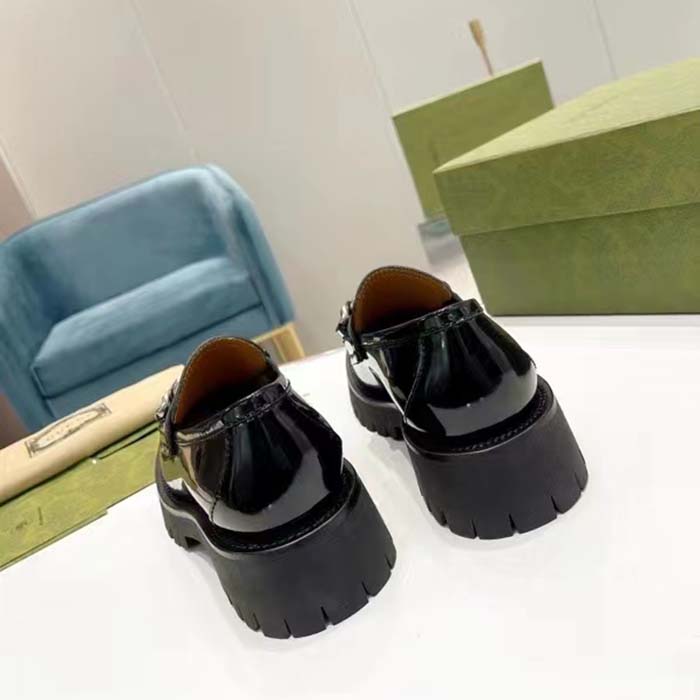 G*u*i unisex gg loafer interlocking g black leather rubber lug mid 4.3 cm heel