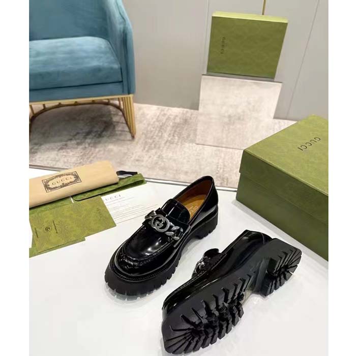 G*u*i unisex gg loafer interlocking g black leather rubber lug mid 4.3 cm heel