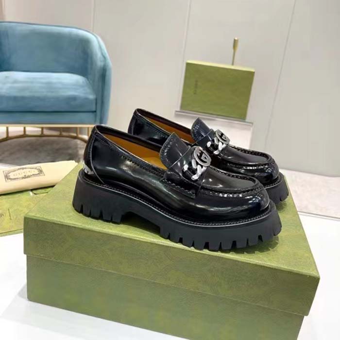 G*u*i unisex gg loafer interlocking g black leather rubber lug mid 4.3 cm heel