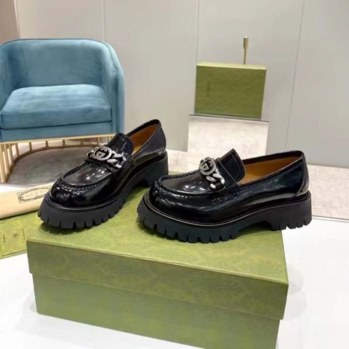 G*u*i unisex gg loafer interlocking g black leather rubber lug mid 4.3 cm heel